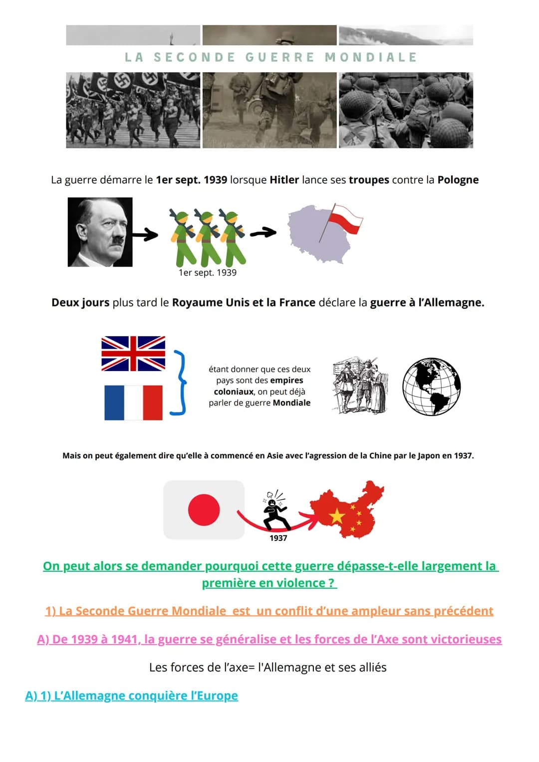 LA SECONDE GUERRE MONDIALE
La guerre démarre le 1er sept. 1939 lorsque Hitler lance ses troupes contre la Pologne
-->
1er sept. 1939
Deux jo