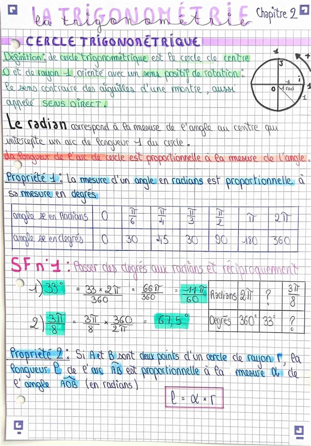 * LA TRIGONOMETRIE Chapitre 2k]
CERCLE TRIGONOMETRIQUE
Definition: de cercle trigonométrique est le cercle de centre
O et de rayon 1, orient