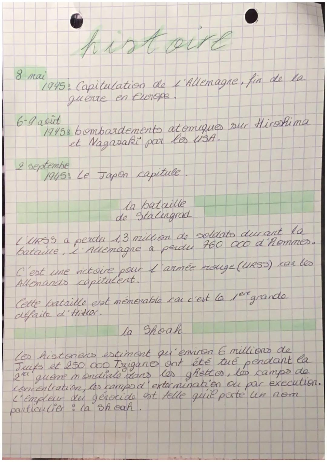# histoire

8 mai
1945: Capitulation de l'Allemagne, fin de la
guerre en Europe.

6-9 août
19453 bombardements atomiques sur Hiroshima
et Na