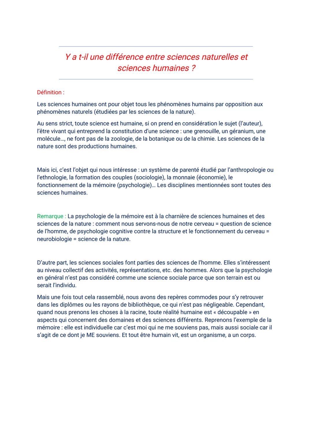 Ya t-il une différence entre sciences naturelles et
sciences humaines ?
Définition:
Les sciences humaines ont pour objet tous les phénomènes