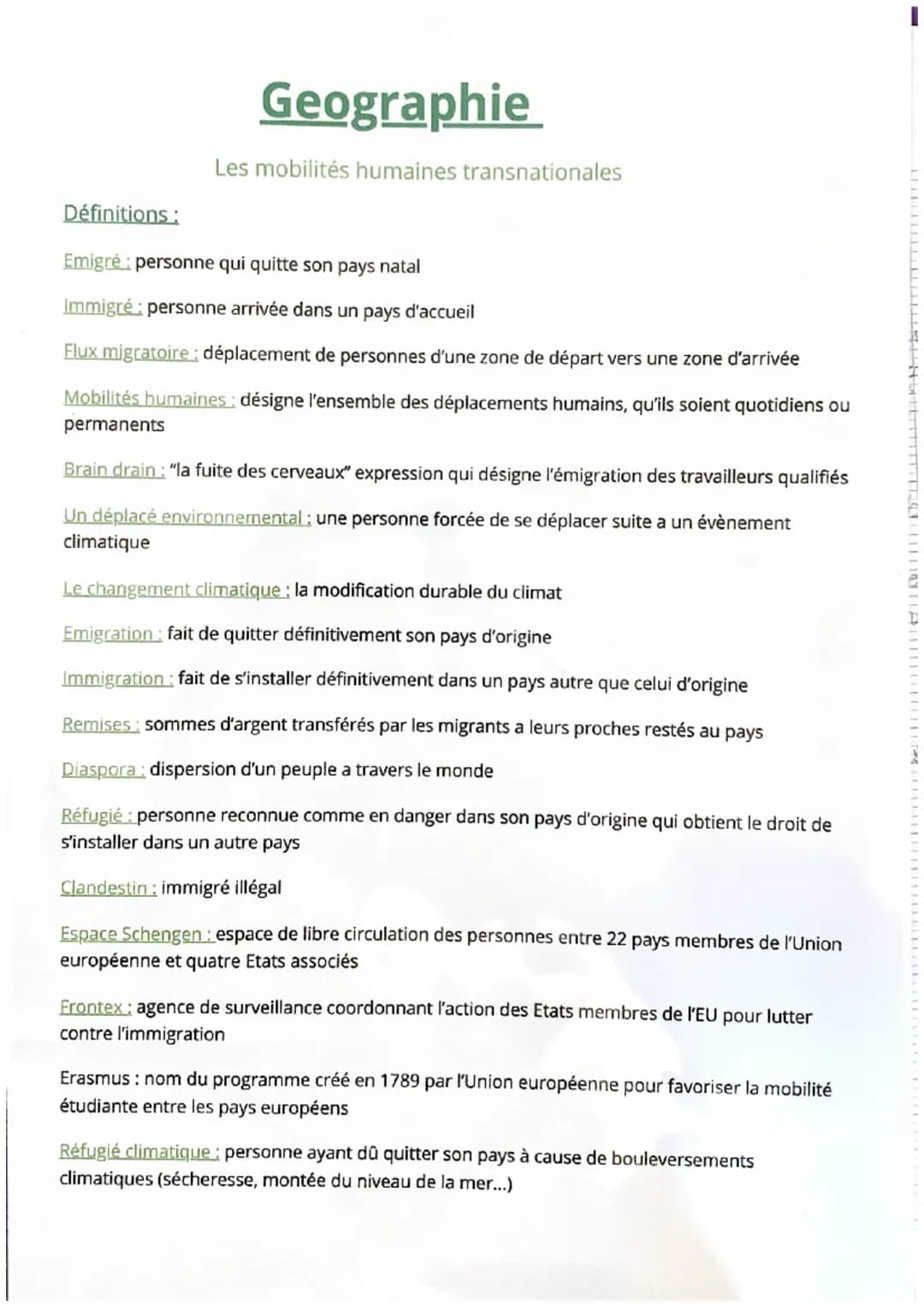 Définitions:
Geographie
Les mobilités humaines transnationales
Emigré personne qui quitte son pays natal
Immigré: personne arrivée dans un p