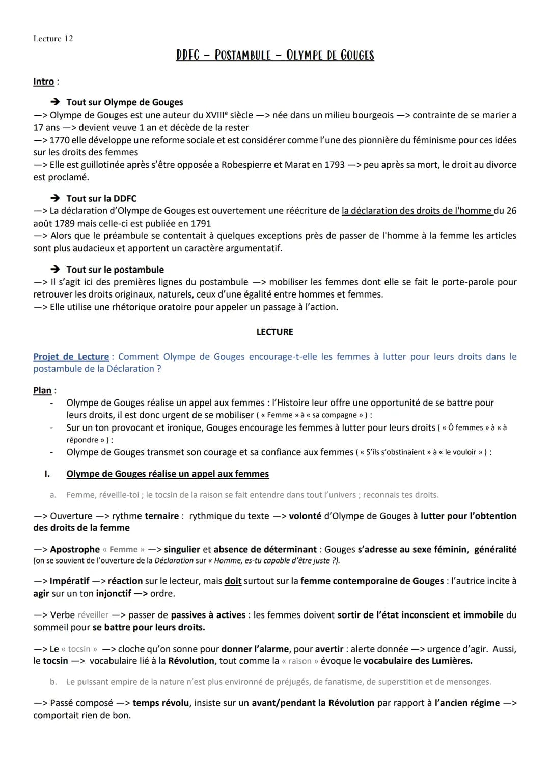 Lecture 12
Intro :
→ Tout sur Olympe de Gouges
-> Olympe de Gouges est une auteur du XVIIIe siècle -> née dans un milieu bourgeois -> contra