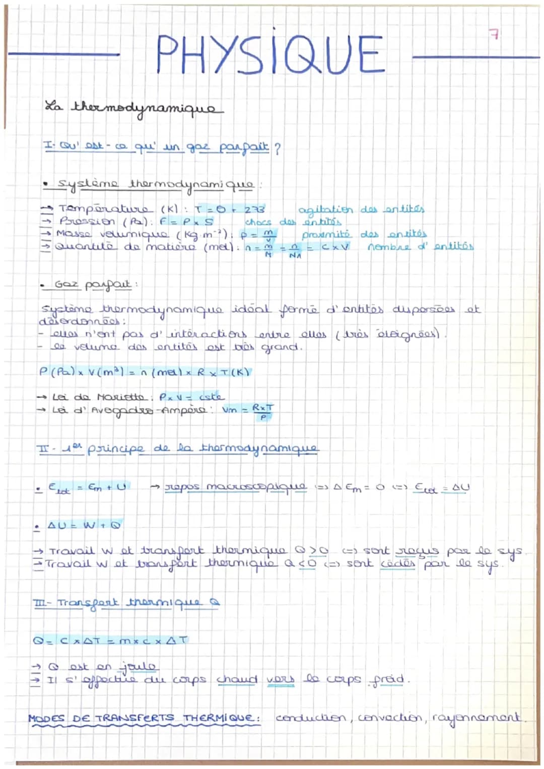 PHYSIQUE
La thermodynamique
I. Qu'est-ce qu' un gaz parpait?
système thermodynamique
Temperature (K): T=0 + 273
Pression (Pa); F = PxS chocs