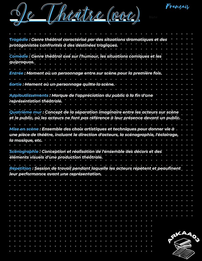 De Theatre (coc)
Le vocabulaire du théatre
Date
Acte: Division majeure d'une pièce de théâtre, souvent marquée par des.
changements de lieu,