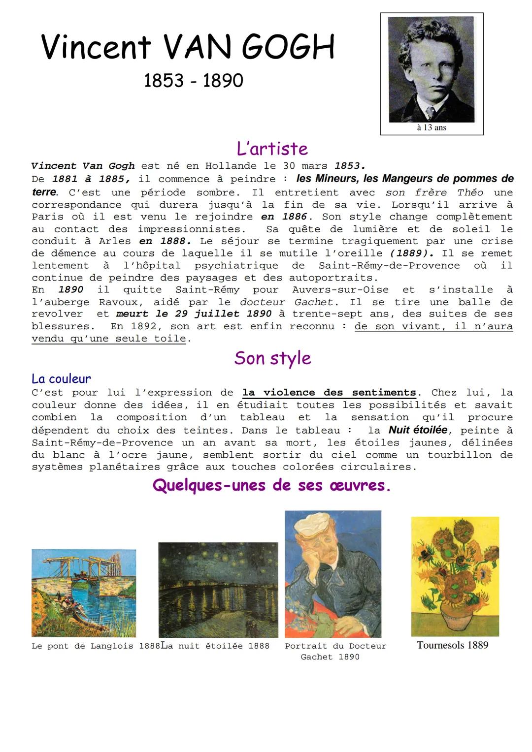 Vincent VAN GOGH
1853-1890
L'artiste
Vincent Van Gogh est né en Hollande le 30 mars 1853.
De 1881 à 1885, il commence à peindre : les Mineur