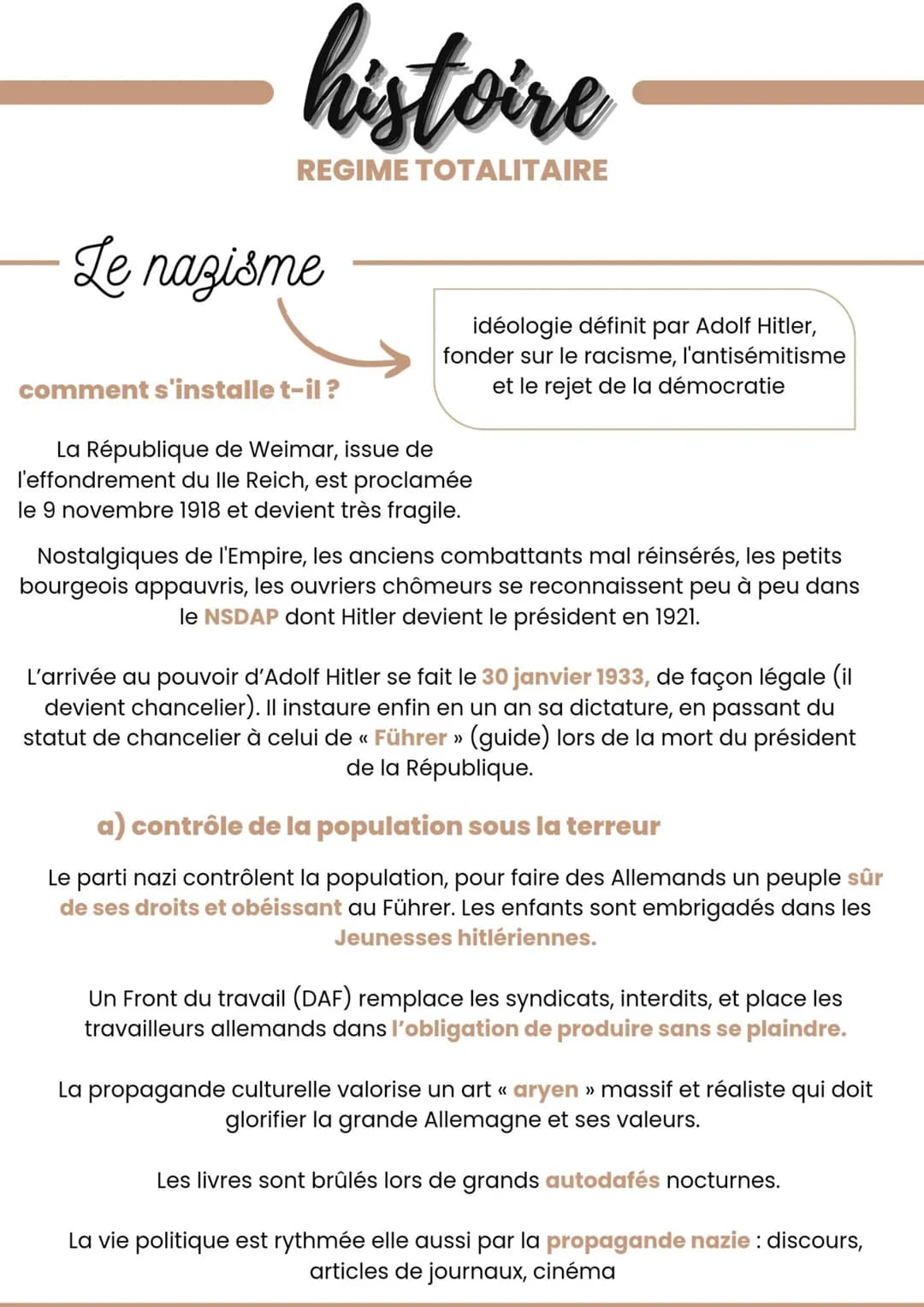 histoire
REGIME TOTALITAIRE
Le nazisme
idéologie définit par Adolf Hitler,
fonder sur le racisme, l'antisémitisme
et le rejet de la démocrat