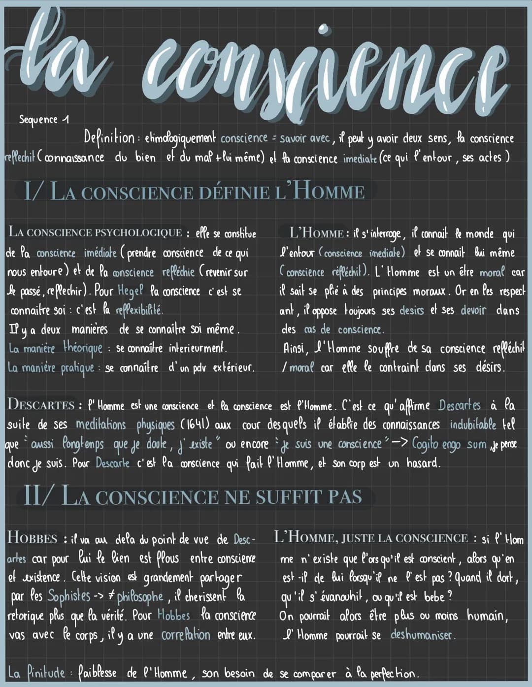 la conscience
Sequence 1
Definition: etimologiquement conscience = savoir avec, il peut y avoir deux sens, la conscience
reflechit (connaiss