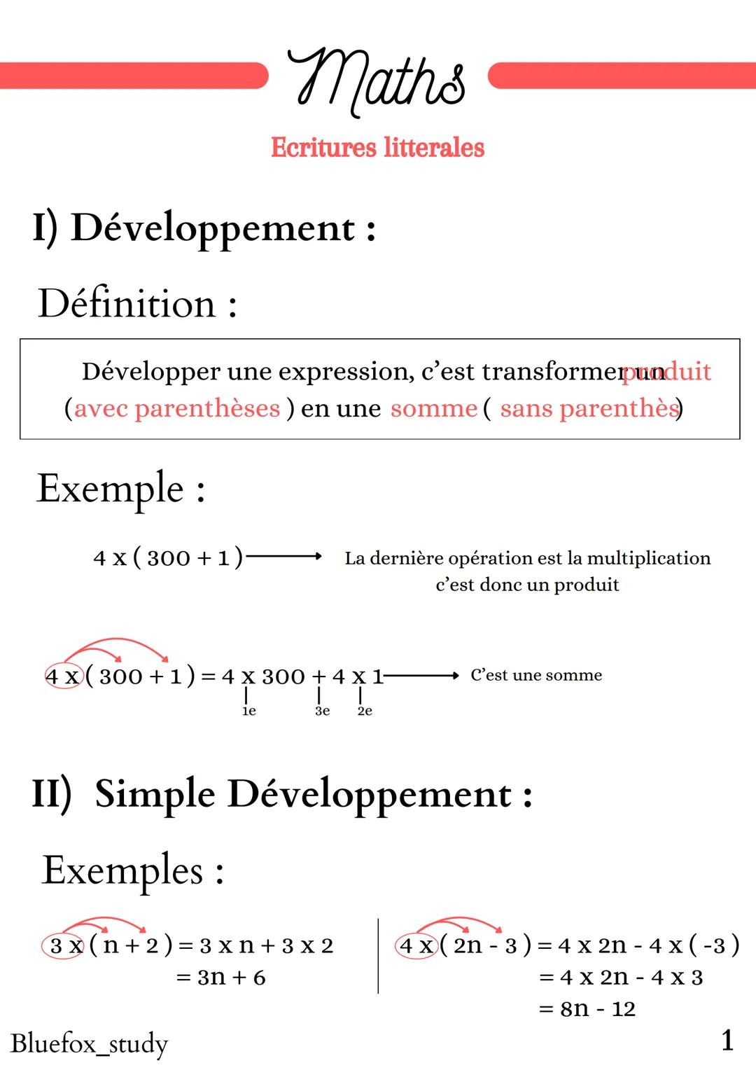 # Maths
Ecritures litterales

I) Développement :

Définition:

Développer une expression, c'est transformerpunduit
(avec parenthèses) en une