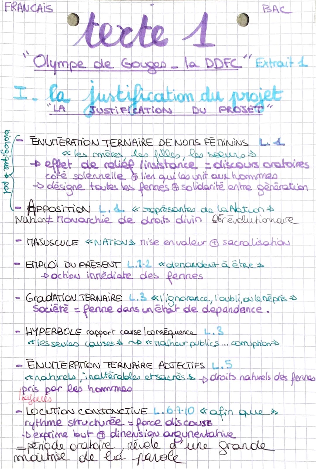 FRANCAIS
biologique & pol
I la justification du projet
DU
S
BAC
C
texte 1
Olympe de Gouges - la DDFC" Extrait to
Apposition L.A. « représent