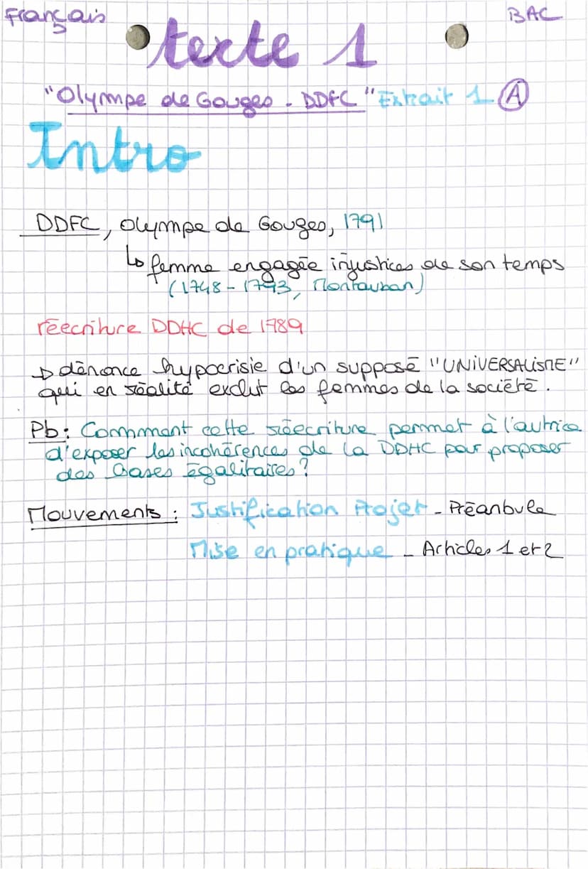 FRANCAIS
biologique & pol
I la justification du projet
DU
S
BAC
C
texte 1
Olympe de Gouges - la DDFC" Extrait to
Apposition L.A. « représent