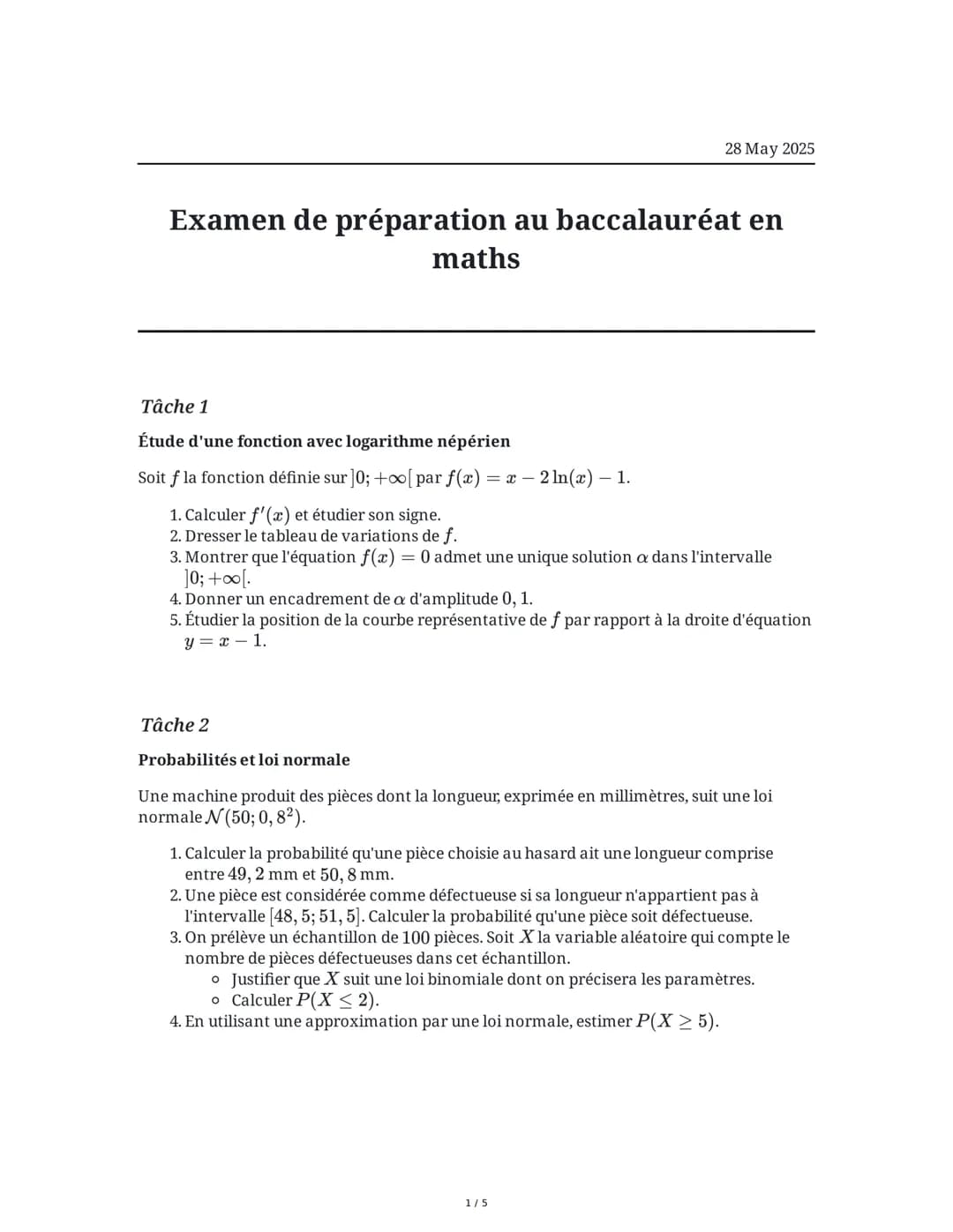 Examen de préparation au baccalauréat en maths