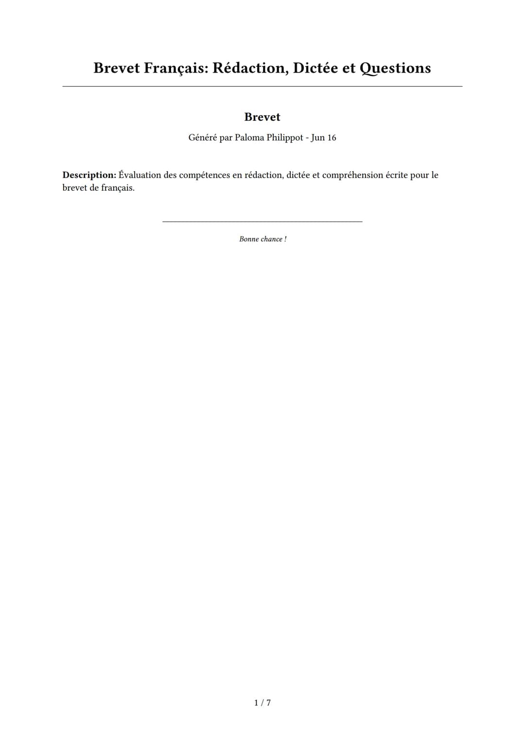 Brevet Français: Rédaction, Dictée et Questions