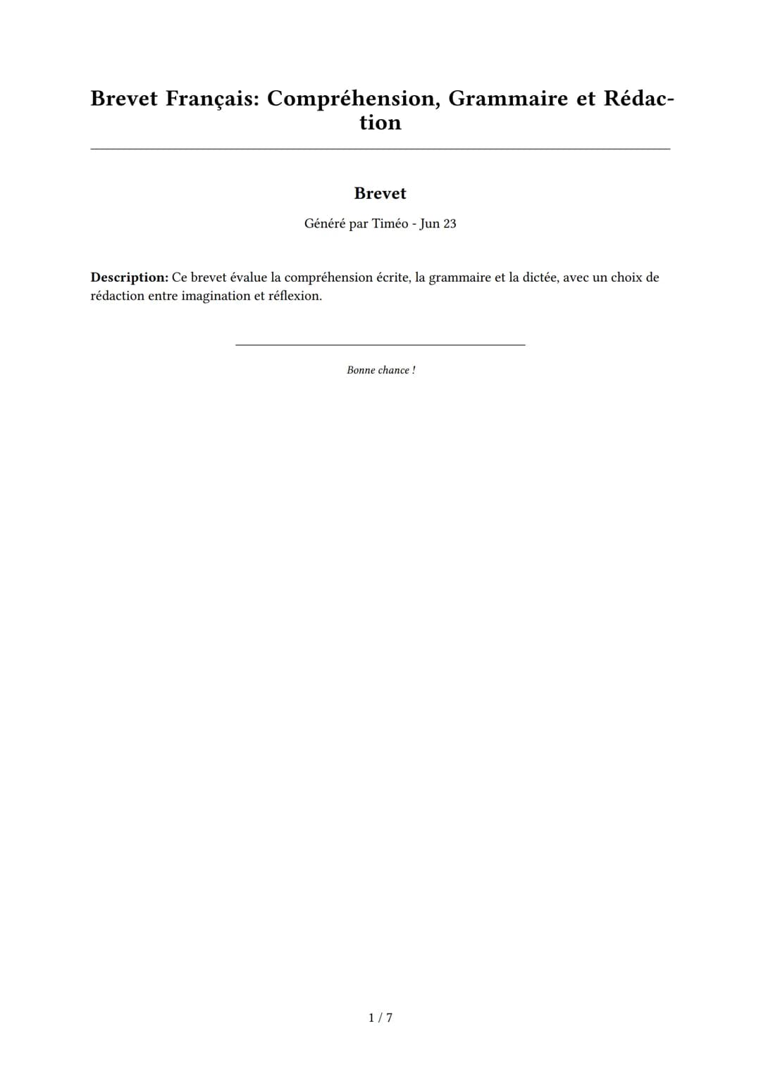Brevet Français: Compréhension, Grammaire et Rédaction