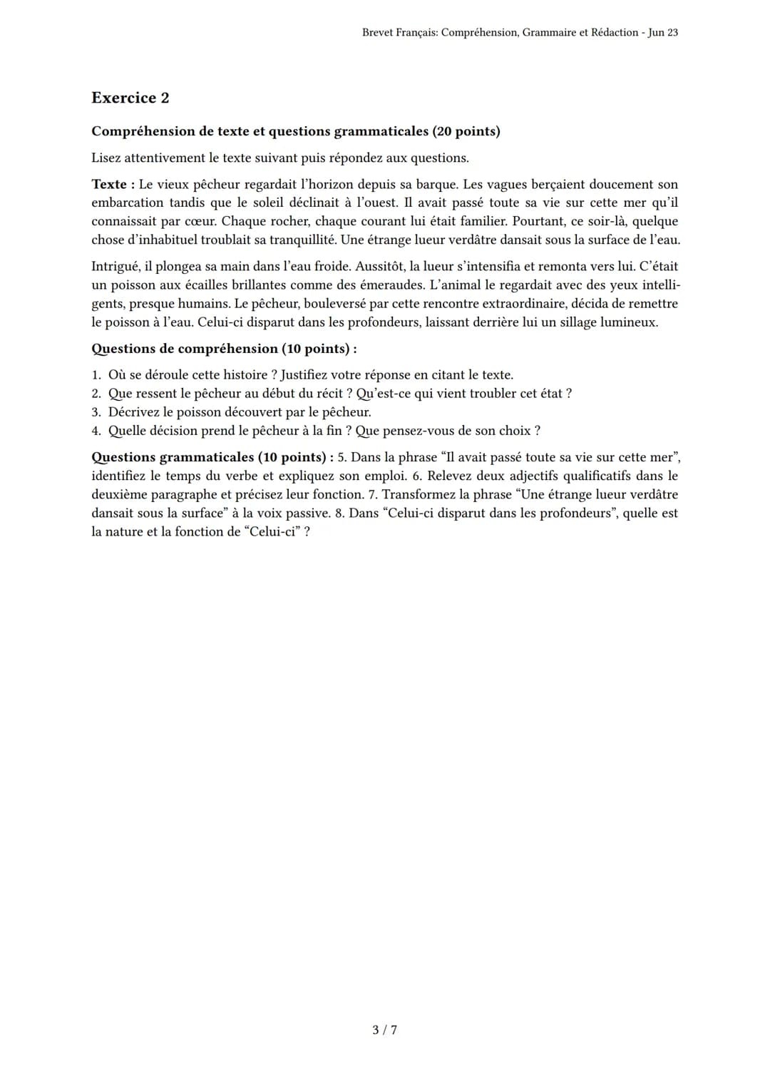 Brevet Français: Compréhension, Grammaire et Rédac-
tion
Brevet
Généré par Timéo - Jun 23
Description: Ce brevet évalue la compréhension écr