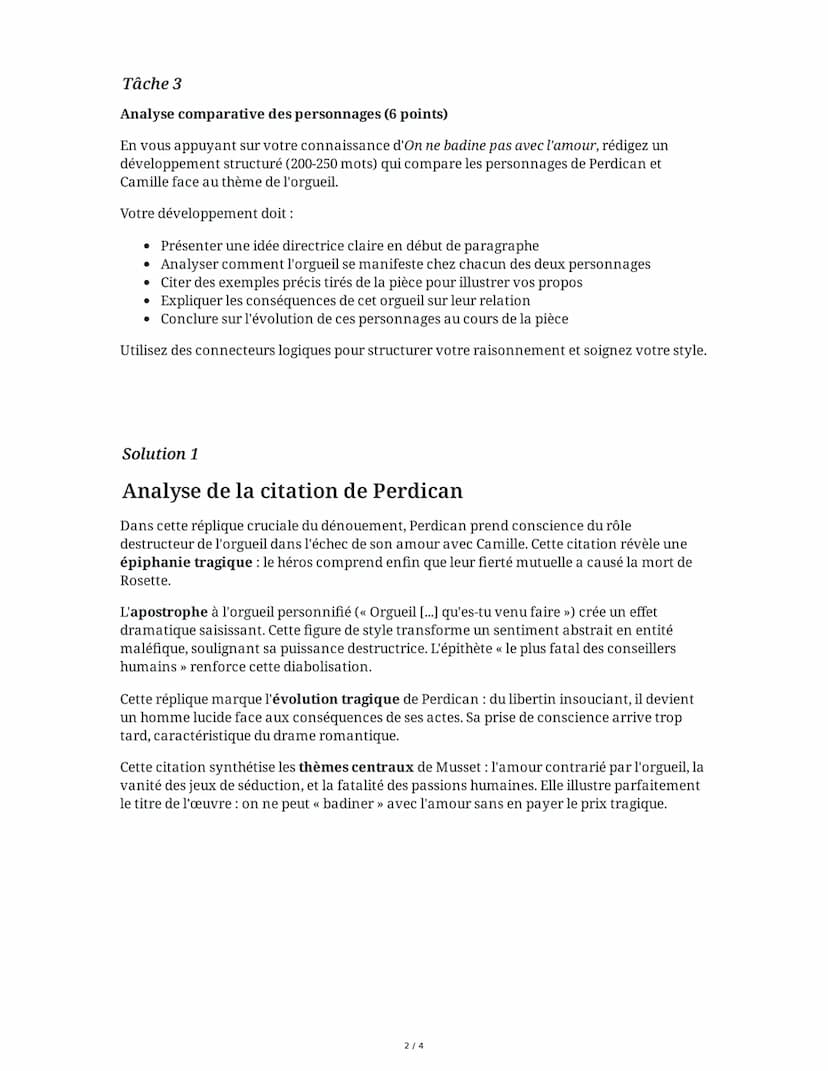 3 June 2025
Dissertation: On ne badine pas avec l'amour
Tâche 1
Analyse de la citation de Perdican (8 points)
Dans la scène de dénouement d'