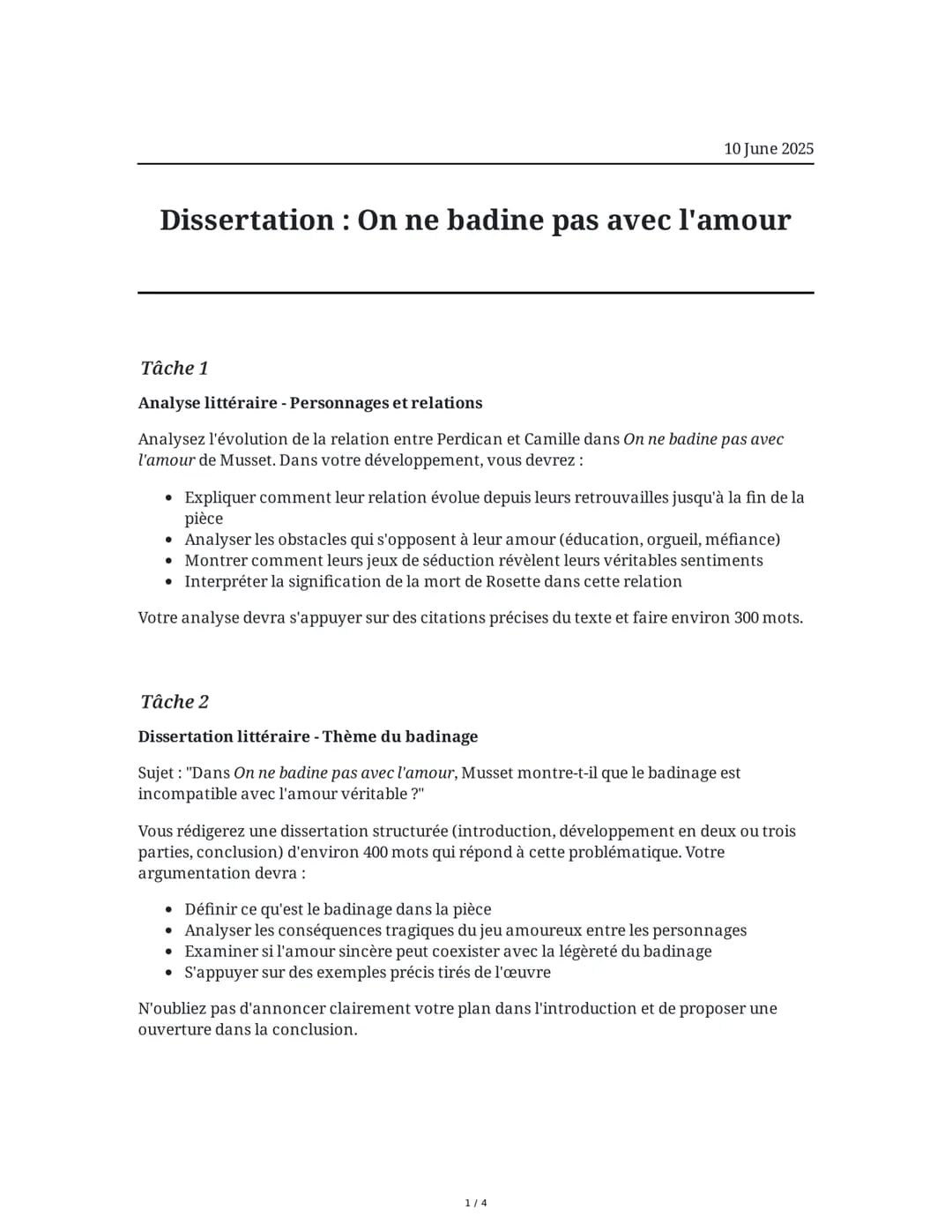 10 June 2025
Dissertation: On ne badine pas avec l'amour
Tâche 1
Analyse littéraire - Personnages et relations
Analysez l'évolution de la re