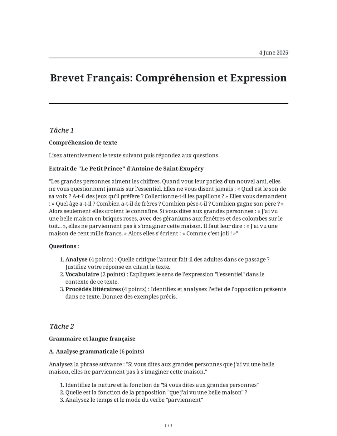 4 June 2025
Brevet Français: Compréhension et Expression
Tâche 1
Compréhension de texte
Lisez attentivement le texte suivant puis répondez a