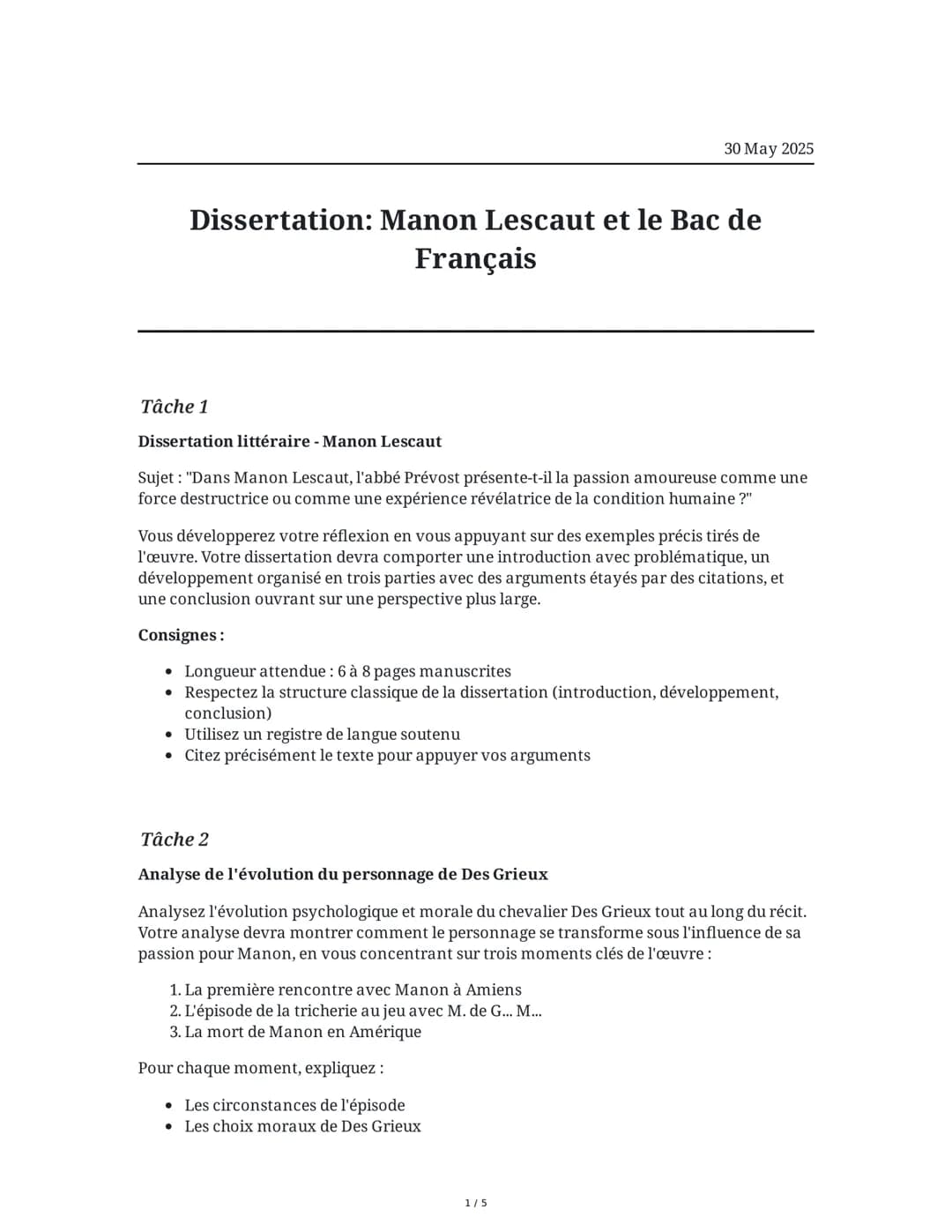 Dissertation: Manon Lescaut et le Bac de Français