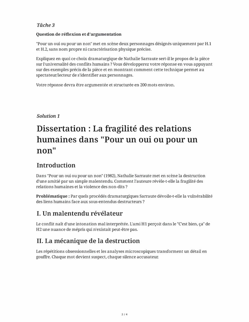 4 June 2025
Pour un oui ou pour un non: Dissertation
Tâche 1
Dissertation littéraire
Sujet: Dans "Pour un oui ou pour un non" (1982), Nathal