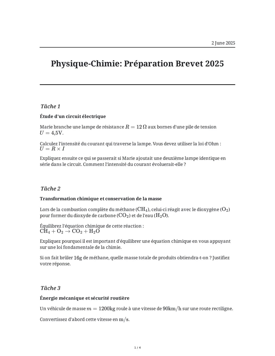 2 June 2025
Physique-Chimie: Préparation Brevet 2025
Tâche 1
Étude d'un circuit électrique
Marie branche une lampe de résistance R = 12Ω aux