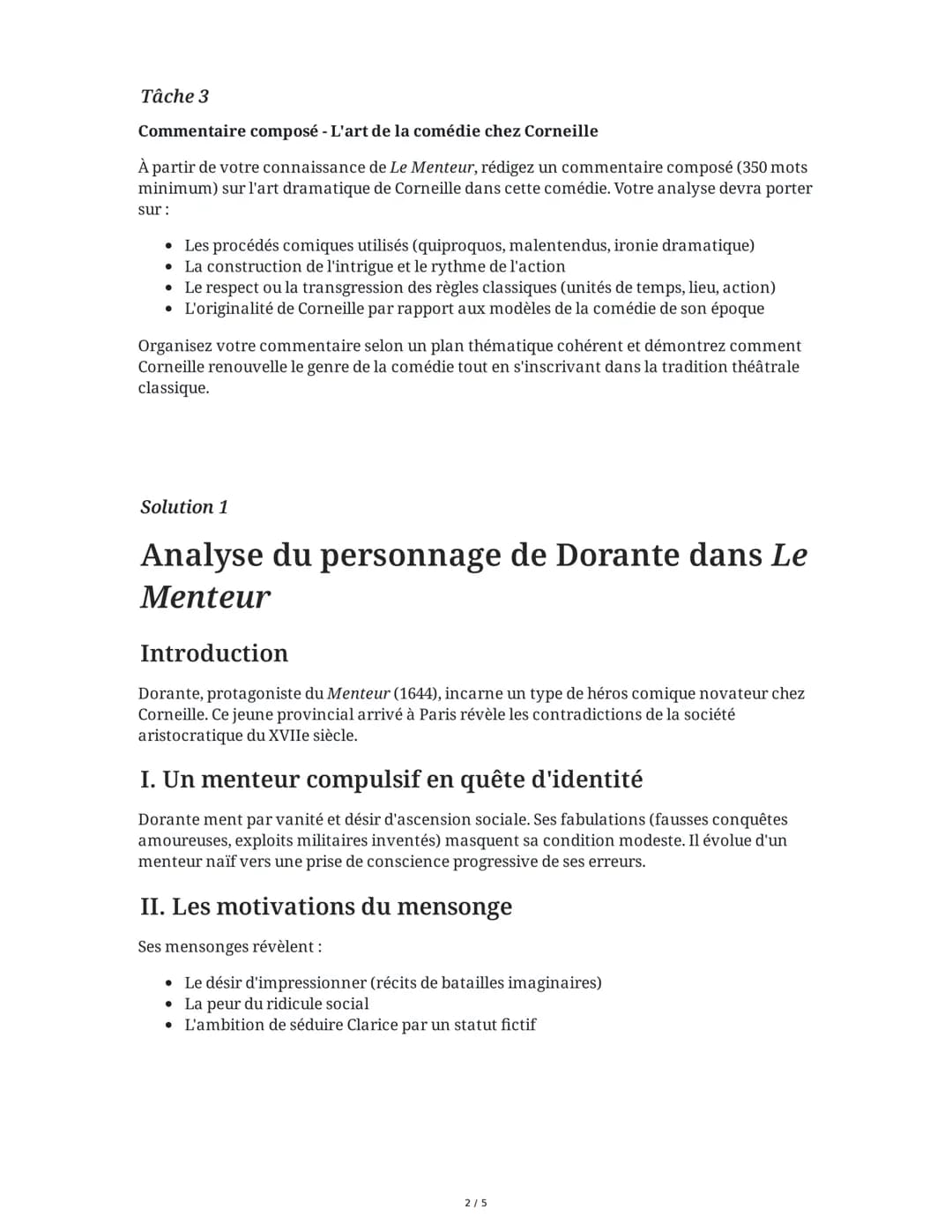 30 May 2025
Dissertation: Le Menteur de Corneille
Tâche 1
Analyse littéraire - Le personnage de Dorante
Analysez le personnage de Dorante da