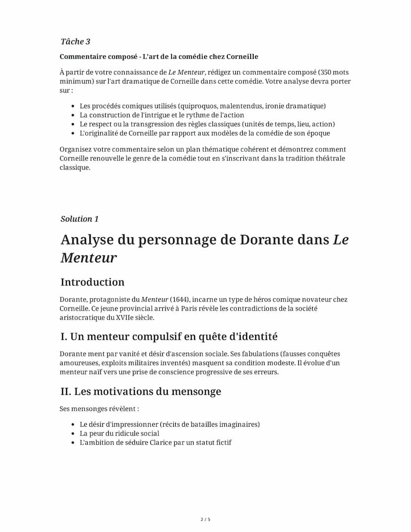 30 May 2025
Dissertation: Le Menteur de Corneille
Tâche 1
Analyse littéraire - Le personnage de Dorante
Analysez le personnage de Dorante da