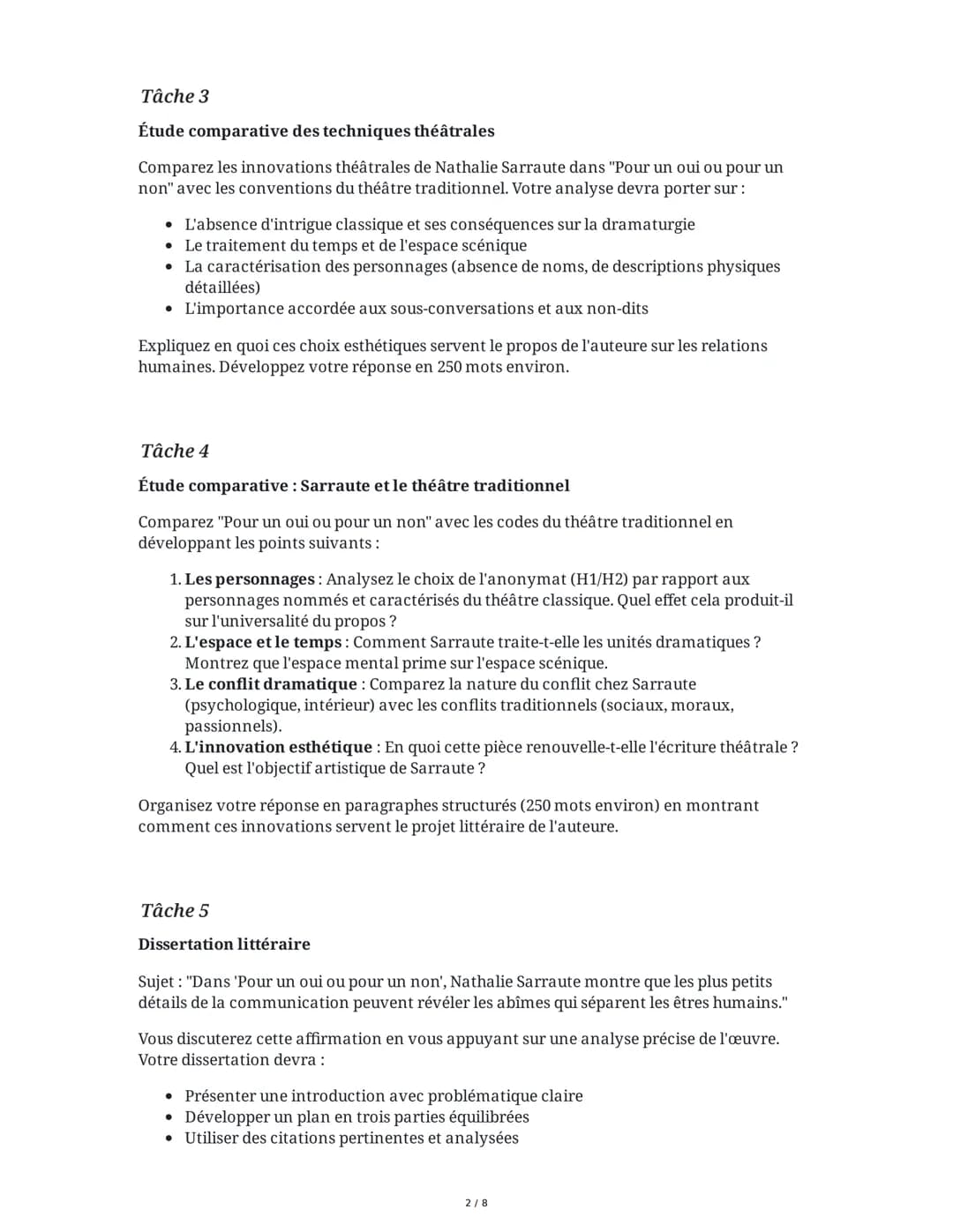 8 June 2025
Analyse du théâtre de Nathalie Sarraute
Tâche 1
Analyse de la structure dramatique dans "Pour un oui ou pour un non"
Analysez la