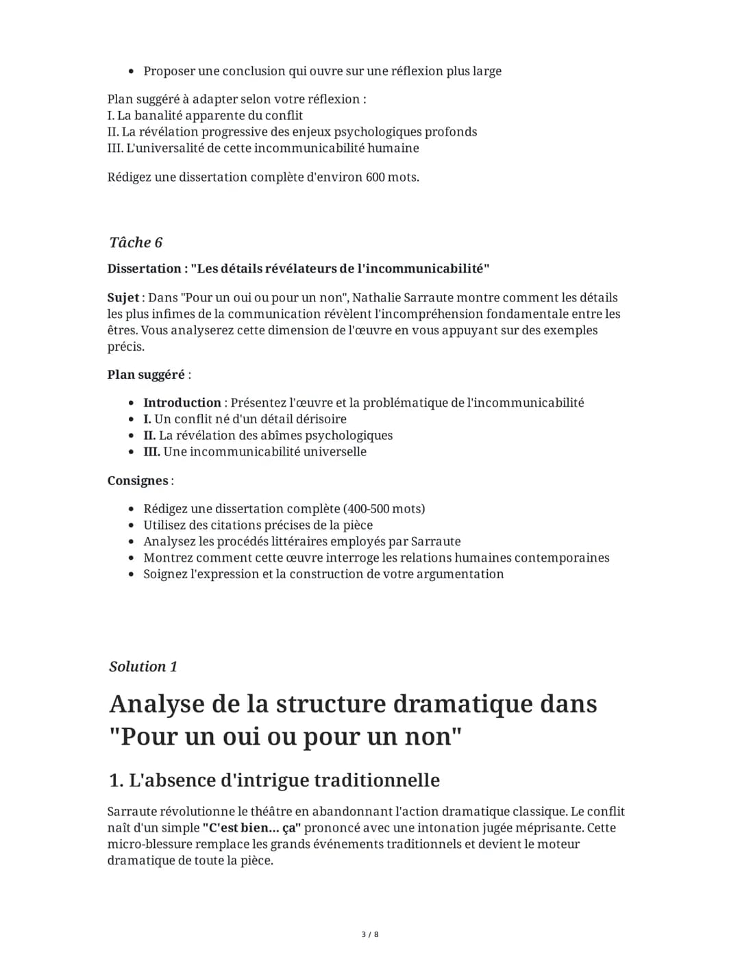 8 June 2025
Analyse du théâtre de Nathalie Sarraute
Tâche 1
Analyse de la structure dramatique dans "Pour un oui ou pour un non"
Analysez la