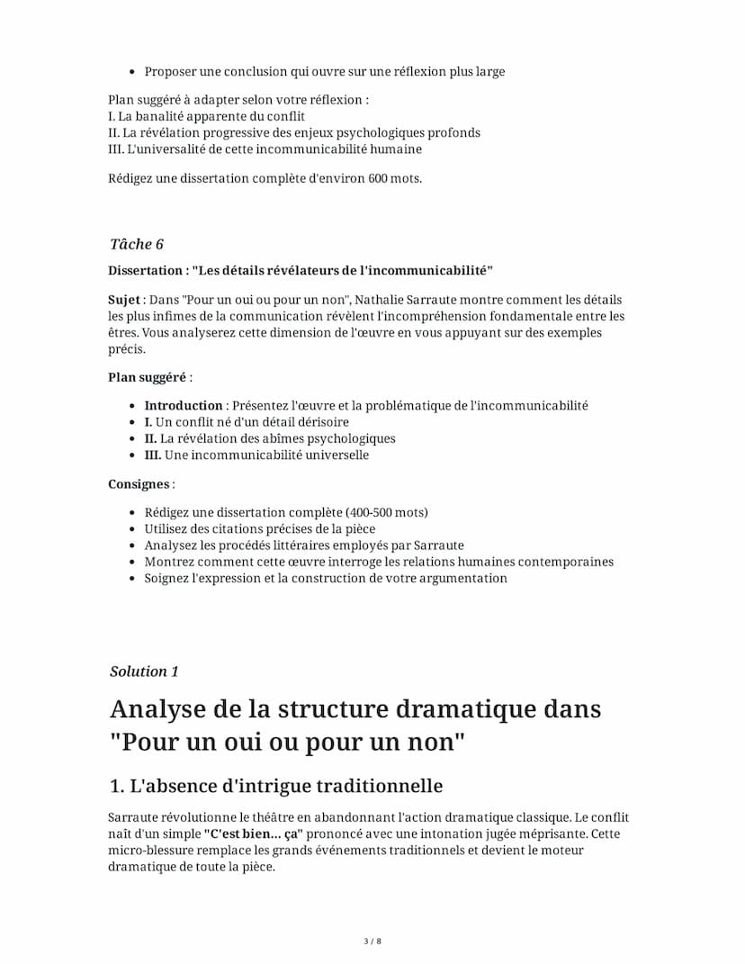 8 June 2025
Analyse du théâtre de Nathalie Sarraute
Tâche 1
Analyse de la structure dramatique dans "Pour un oui ou pour un non"
Analysez la