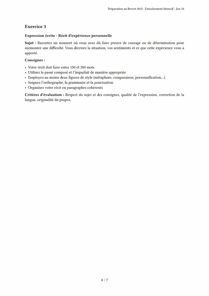 Préparation au Brevet 2025: Entraînement Intensif
Brevet
Généré par Léna Thirion Rutyna - Jun 18
Description: Ce test évalue les compétences