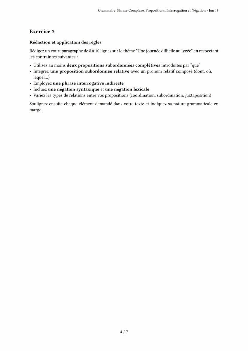 Grammaire: Phrase Complexe, Propositions, Interroga-
tion et Négation
Bac
Généré par isaure boucaud - Jun 18
Description: L'examen porte sur