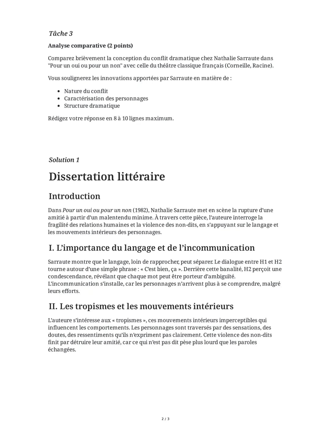3 June 2025
Dissertation: Pour un Oui ou Pour un Non
Tâche 1
Dissertation littéraire (16 points)
Sujet: Dans "Pour un oui ou pour un non" (1