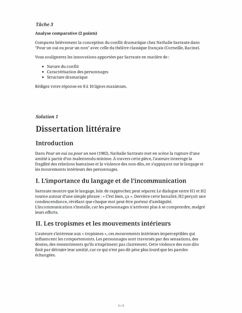 3 June 2025
Dissertation: Pour un Oui ou Pour un Non
Tâche 1
Dissertation littéraire (16 points)
Sujet: Dans "Pour un oui ou pour un non" (1