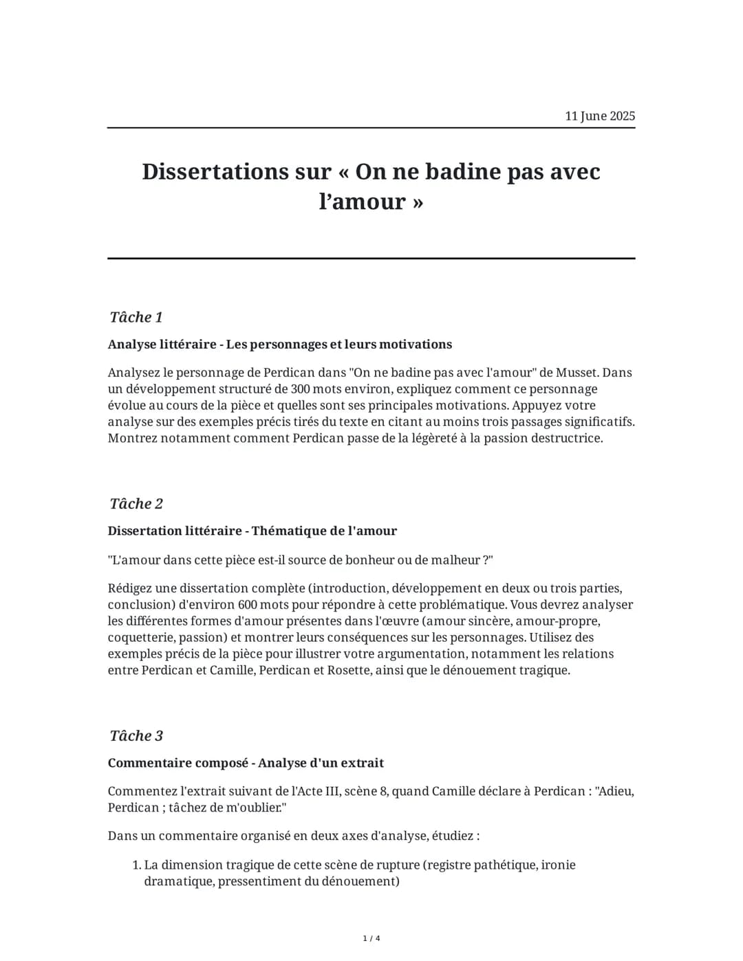 11 June 2025
Dissertations sur << On ne badine pas avec
l'amour >>
Tâche 1
Analyse littéraire - Les personnages et leurs motivations
Analyse