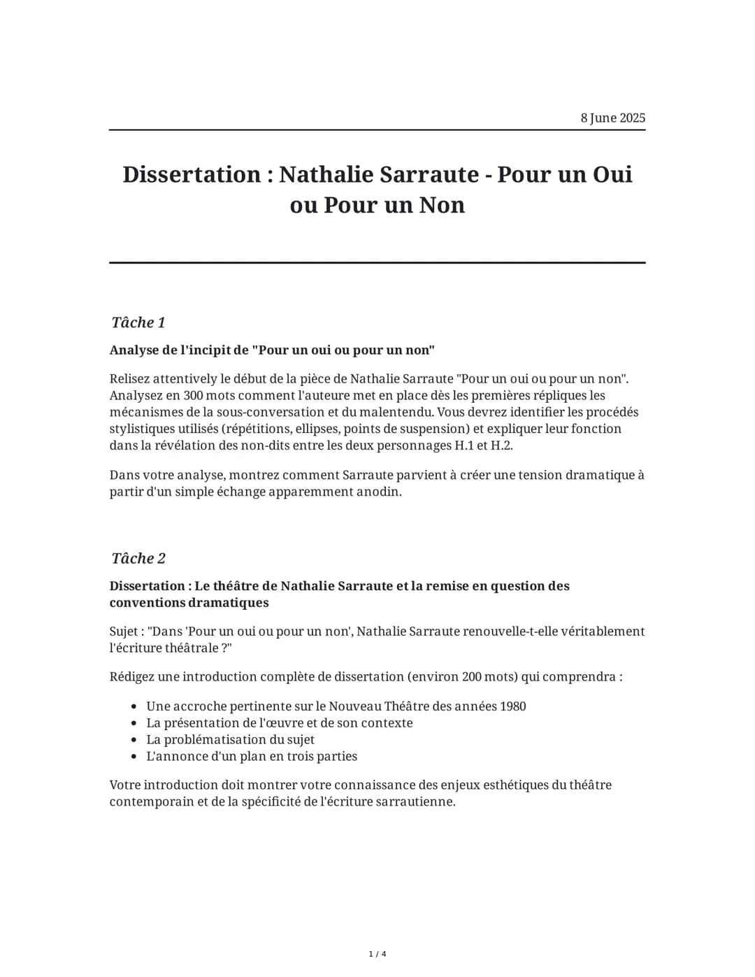 8 June 2025
Dissertation: Nathalie Sarraute - Pour un Oui
ou Pour un Non
Tâche 1
Analyse de l'incipit de "Pour un oui ou pour un non"
Relise