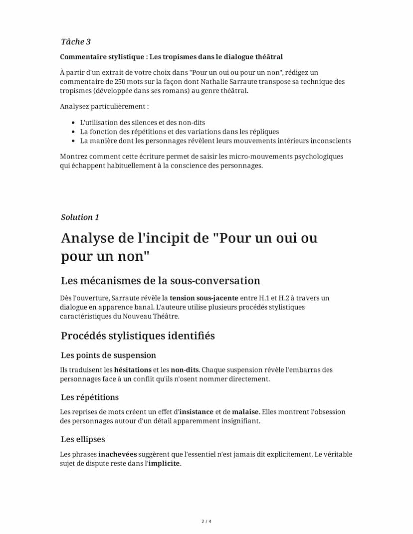 8 June 2025
Dissertation: Nathalie Sarraute - Pour un Oui
ou Pour un Non
Tâche 1
Analyse de l'incipit de "Pour un oui ou pour un non"
Relise