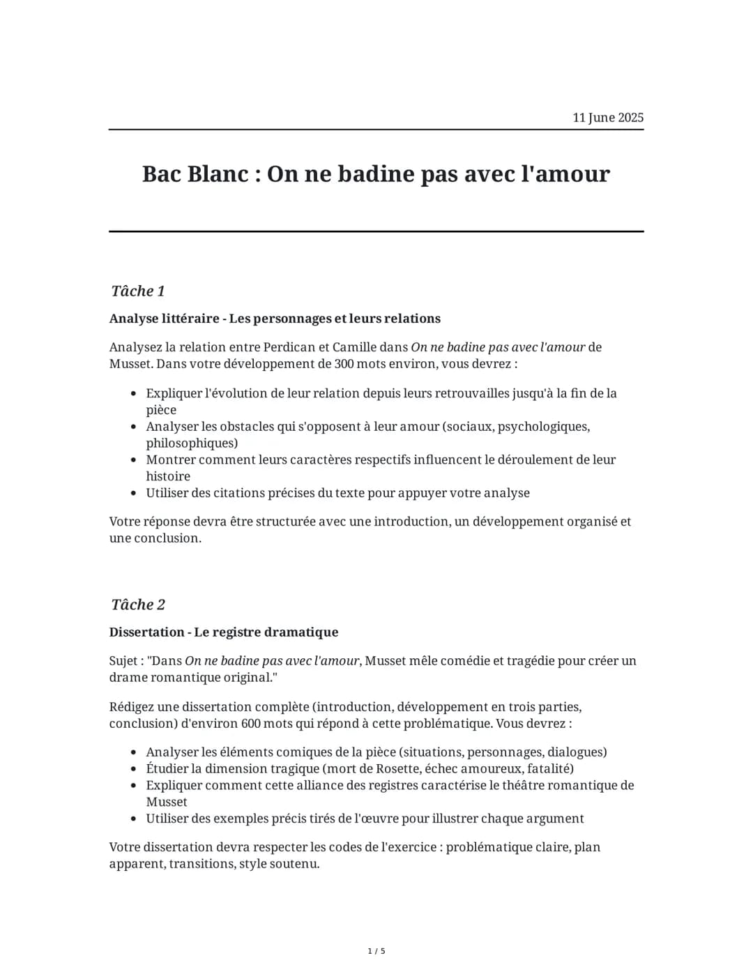 11 June 2025
Bac Blanc: On ne badine pas avec l'amour
Tâche 1
Analyse littéraire - Les personnages et leurs relations
Analysez la relation e