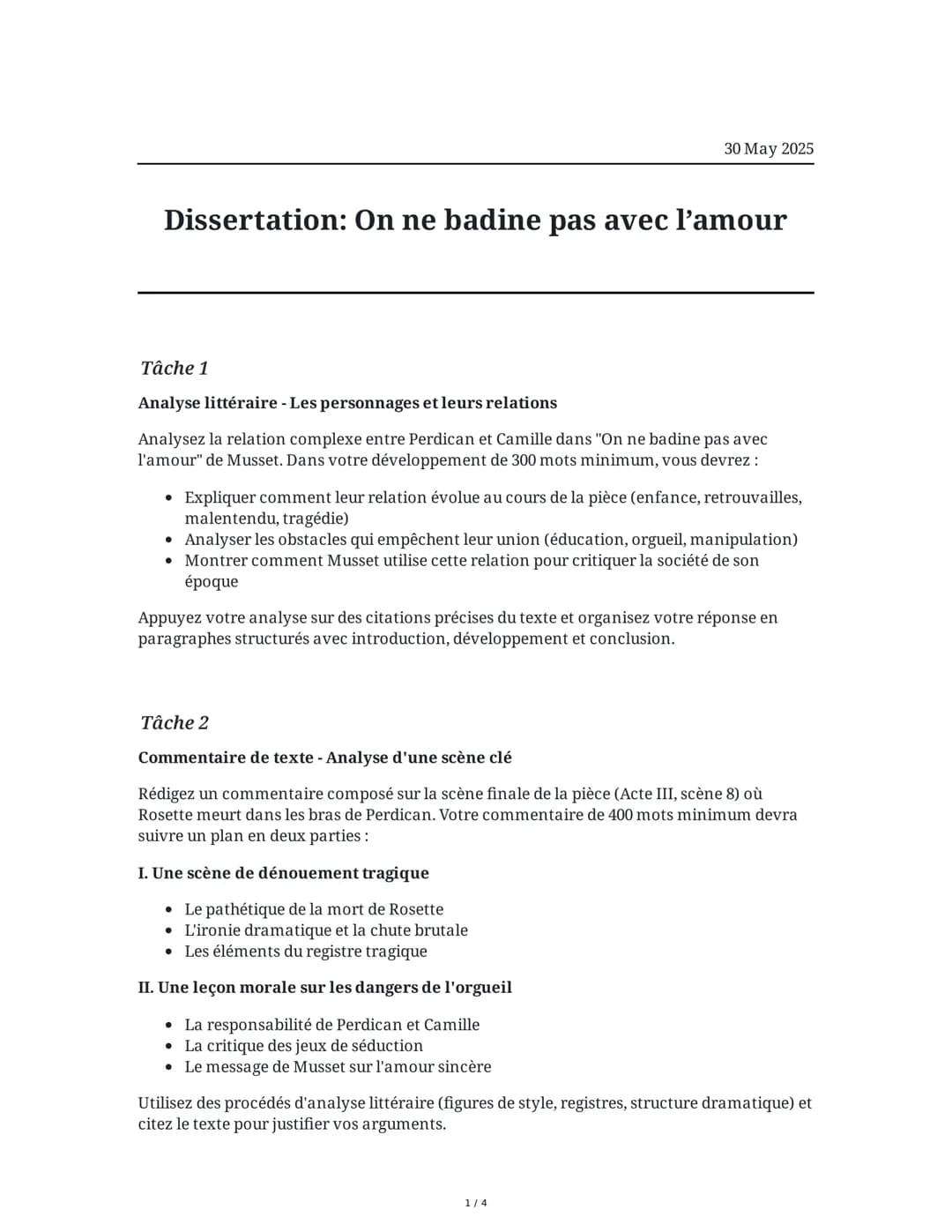 30 May 2025
Dissertation: On ne badine pas avec l'amour
Tâche 1
Analyse littéraire - Les personnages et leurs relations
Analysez la relation