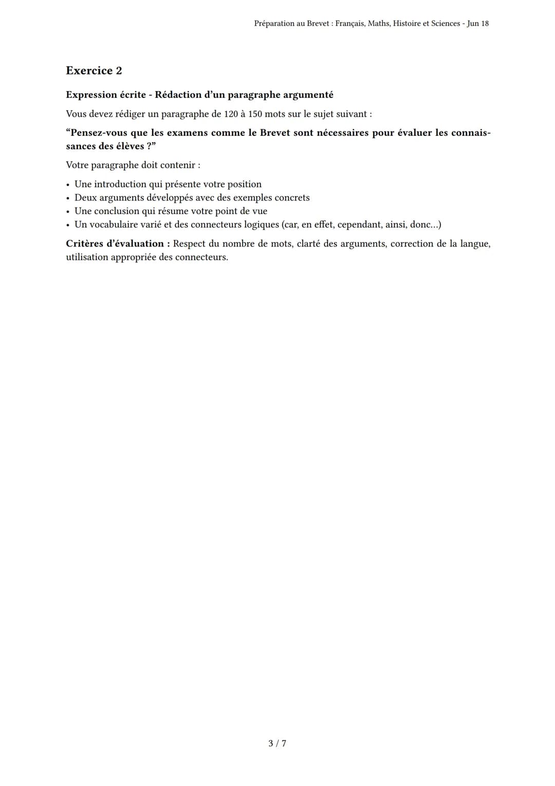 Préparation au Brevet: Français, Maths, Histoire et Sci-
ences
Brevet
Généré par Nina Sanchez - Jun 18
Description: Ce test couvre le frança