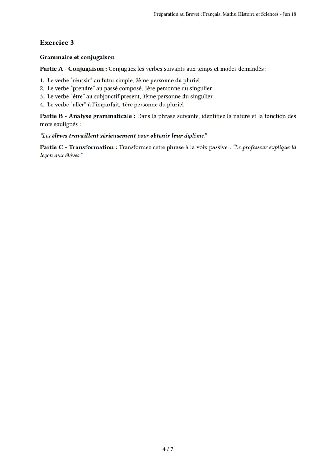 Préparation au Brevet: Français, Maths, Histoire et Sci-
ences
Brevet
Généré par Nina Sanchez - Jun 18
Description: Ce test couvre le frança