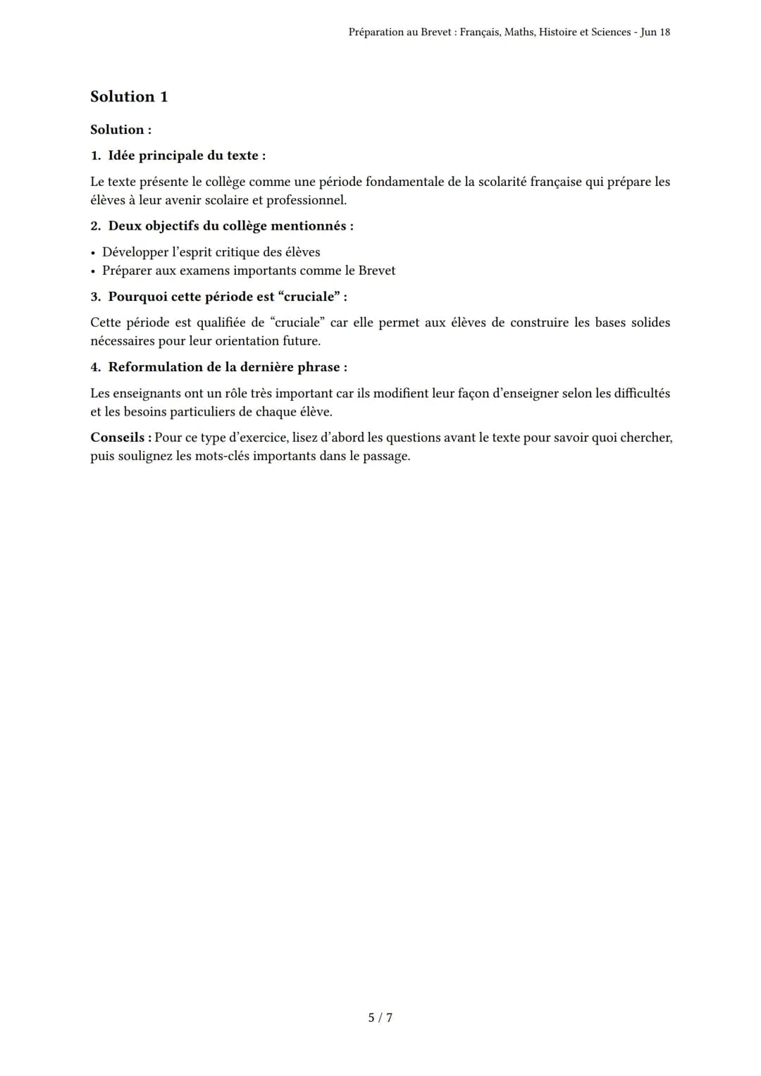 Préparation au Brevet: Français, Maths, Histoire et Sci-
ences
Brevet
Généré par Nina Sanchez - Jun 18
Description: Ce test couvre le frança