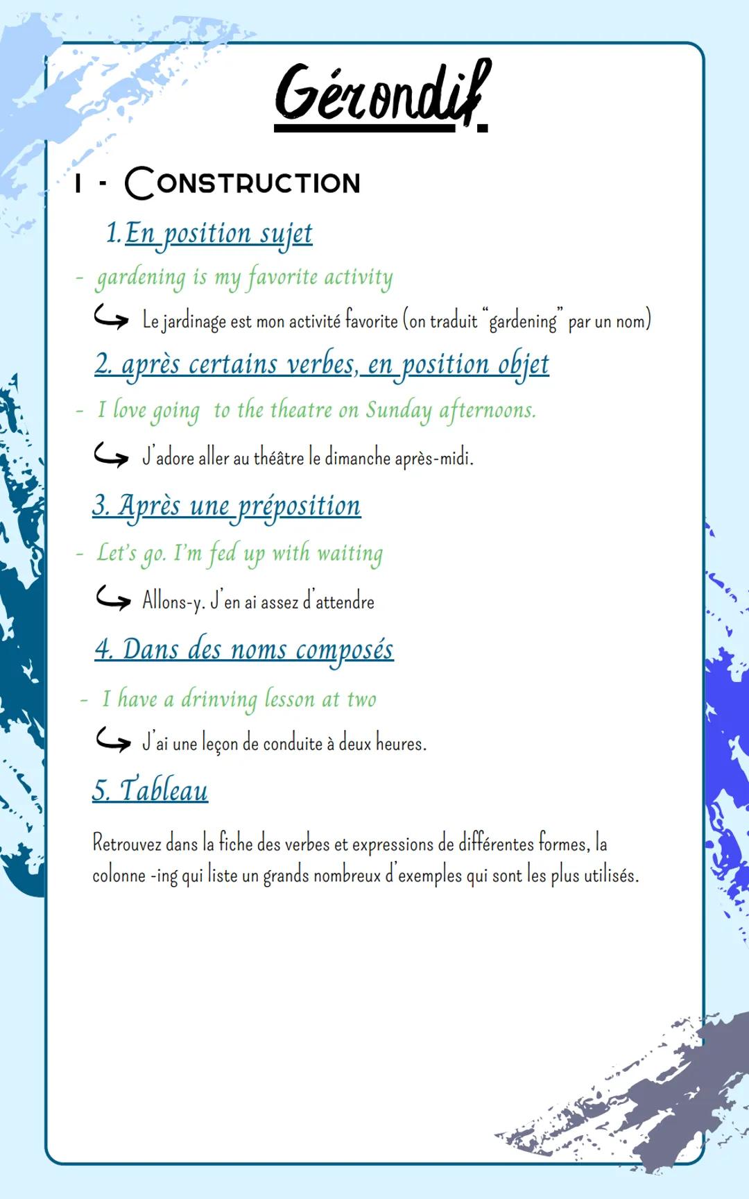 I
-
Gérondif
CONSTRUCTION
1. En position sujet
gardening is my favorite activity
Le jardinage est mon activité favorite (on traduit “gardeni