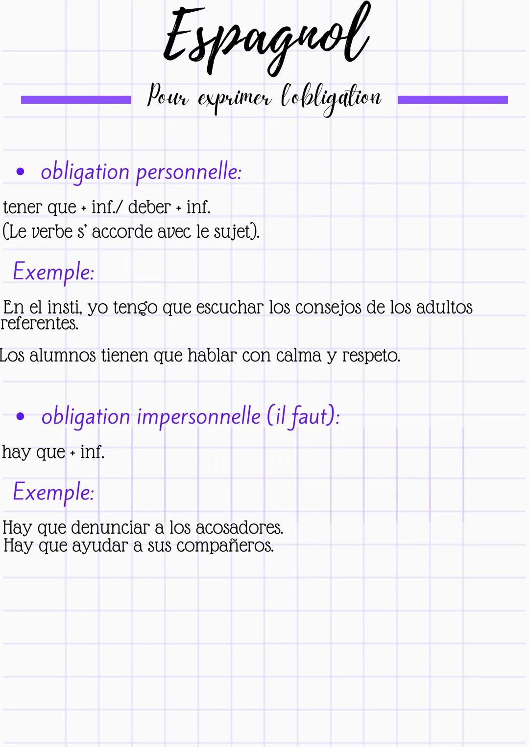 ●
Espagnol
Pour exprimer Cobligation
obligation personnelle:
tener que + inf./ deber + inf.
(Le verbe s'accorde avec le sujet).
Exemple:
En
