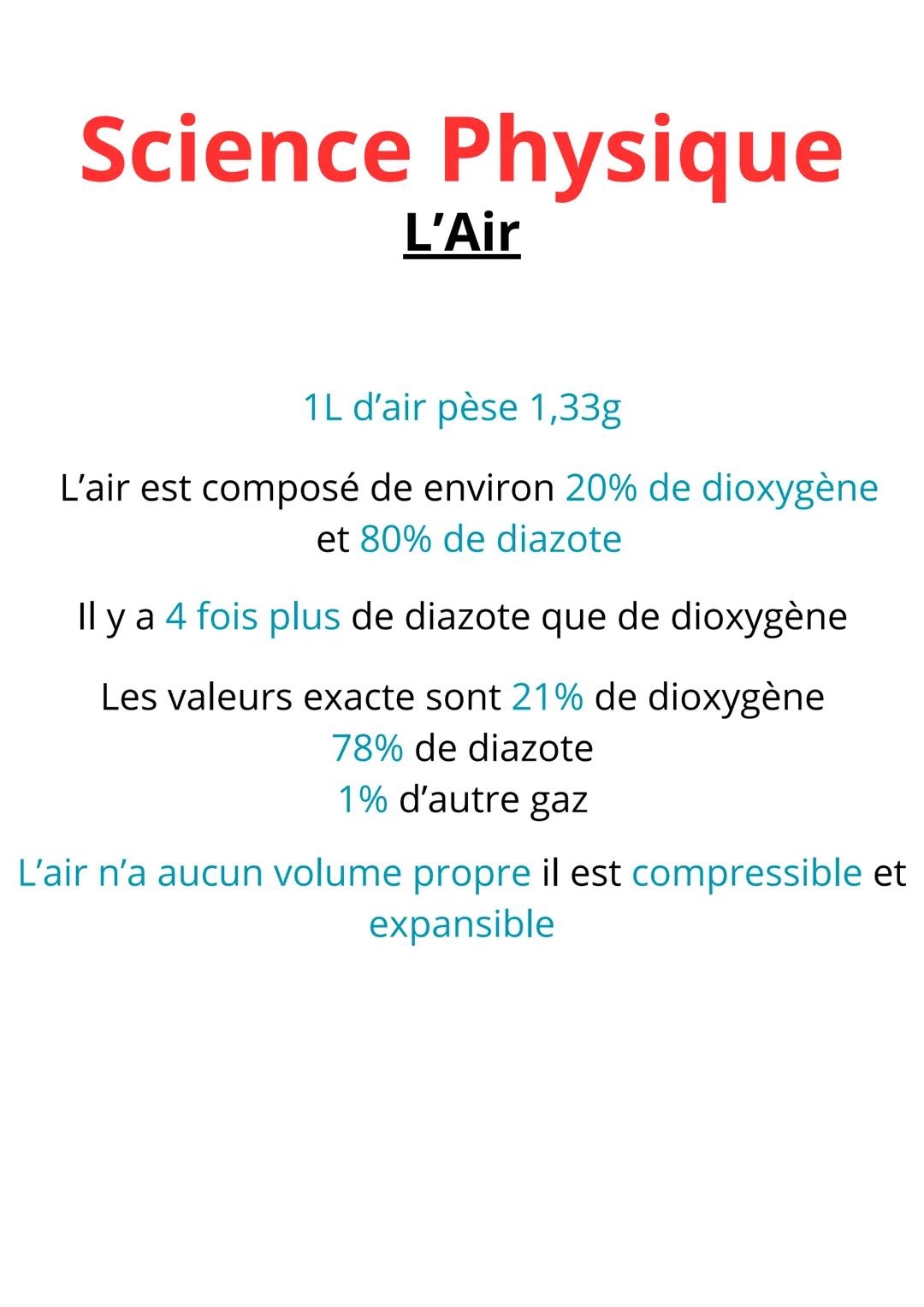 # Science Physique
L'Air
1L d'air pèse 1,33g
L'air est composé de environ 20% de dioxygène
et 80% de diazote
Il y a 4 fois plus de diazo