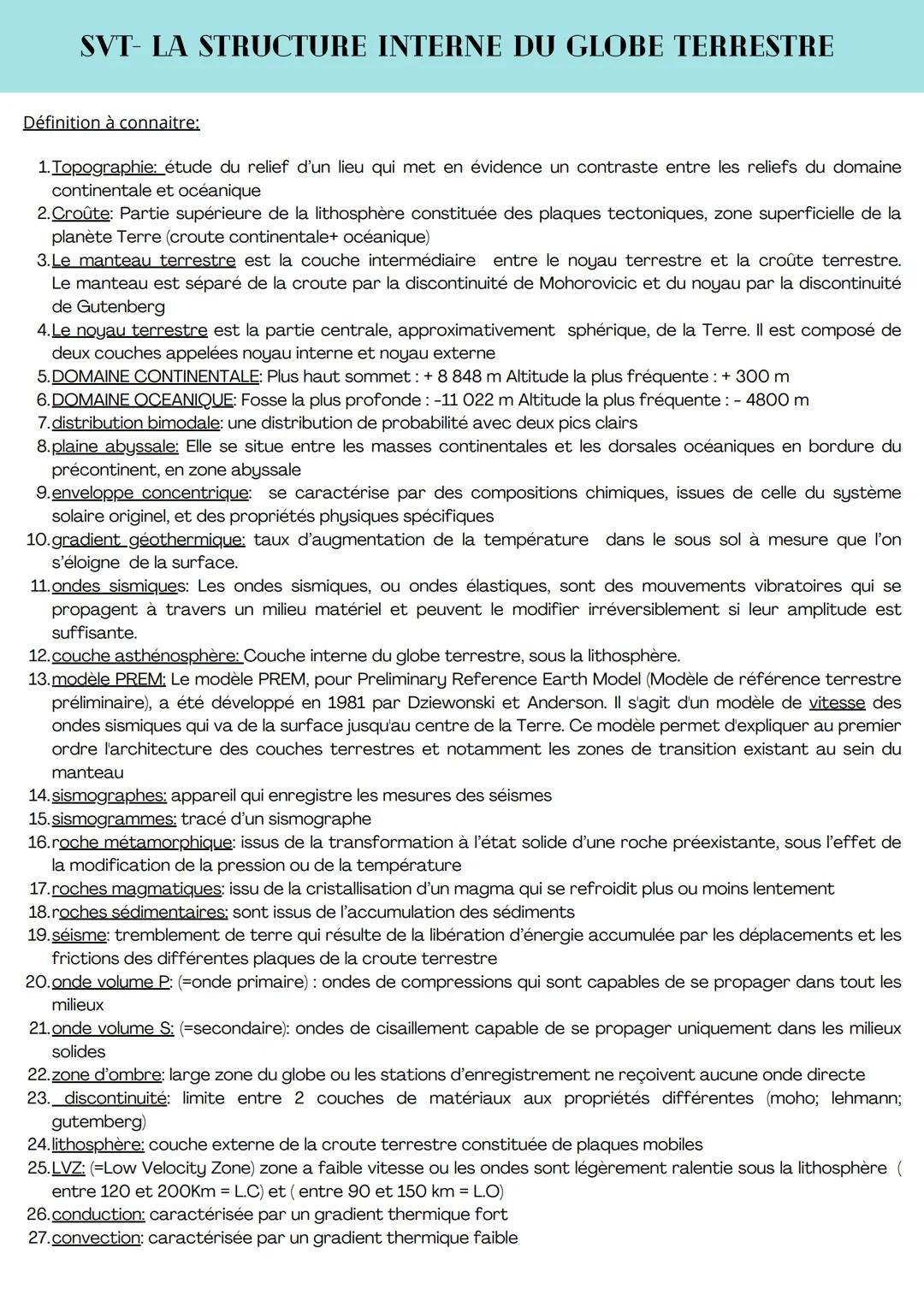 SVT- LA STRUCTURE INTERNE DU GLOBE TERRESTRE
Définition à connaitre:
1. Topographie: étude du relief d'un lieu qui met en évidence un contra
