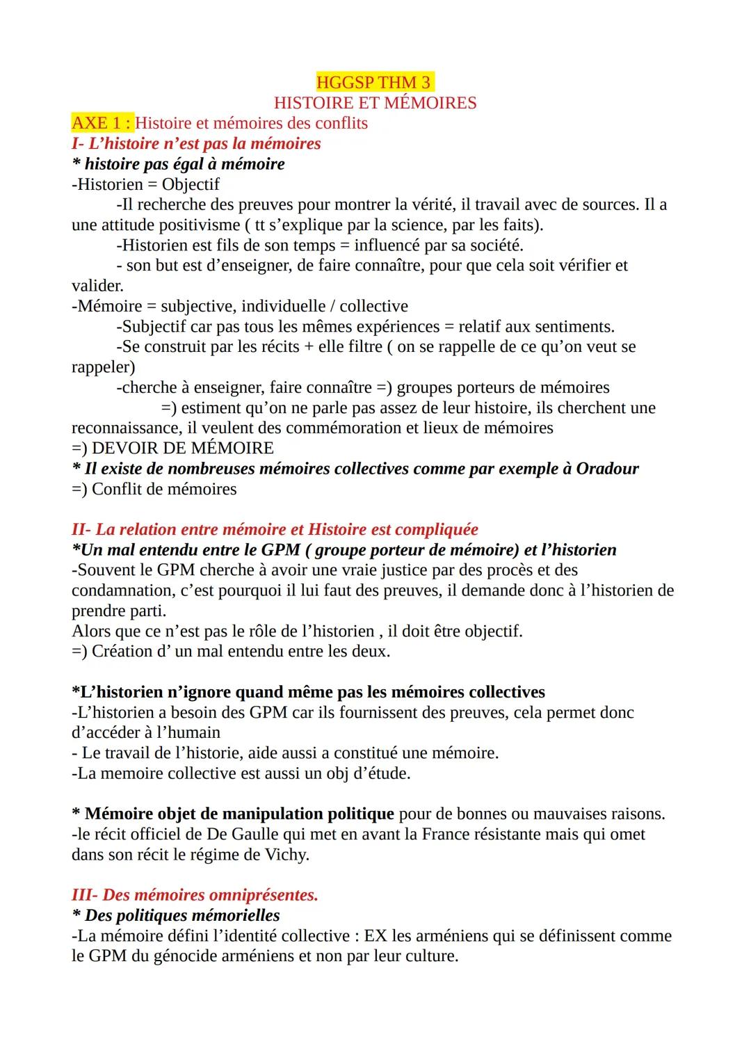 HGGSP THM 3
HISTOIRE ET MÉMOIRES
AXE 1: Histoire et mémoires des conflits
I- L'histoire n'est pas la mémoires
* histoire pas égal à mémoire