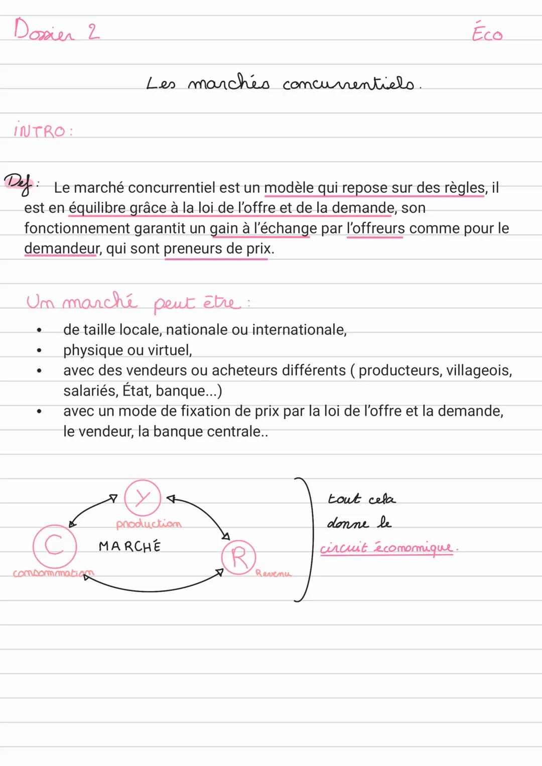 Dosien 2
INTRO:
Def Le marché concurrentiel est un modèle qui repose sur des règles, il
est en équilibre grâce à la loi de l'offre et de la