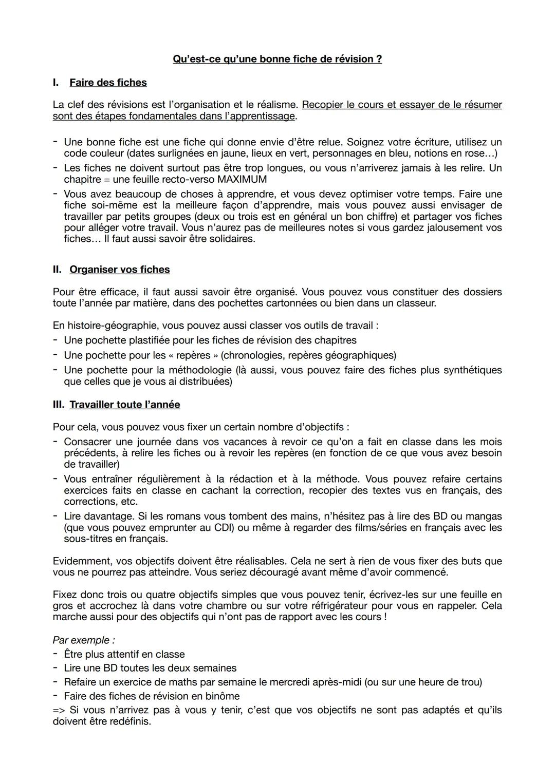 Qu'est-ce qu'une bonne fiche de révision ?
I. Faire des fiches
La clef des révisions est l'organisation et le réalisme. Recopier le cours et