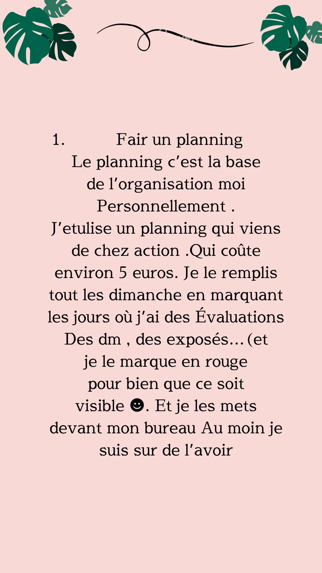 Comment être
organisé
3
Alissa_buble tea 1.
Fair un planning
Le planning c'est la base
de l'organisation moi
Personnellement .
J'etulise un