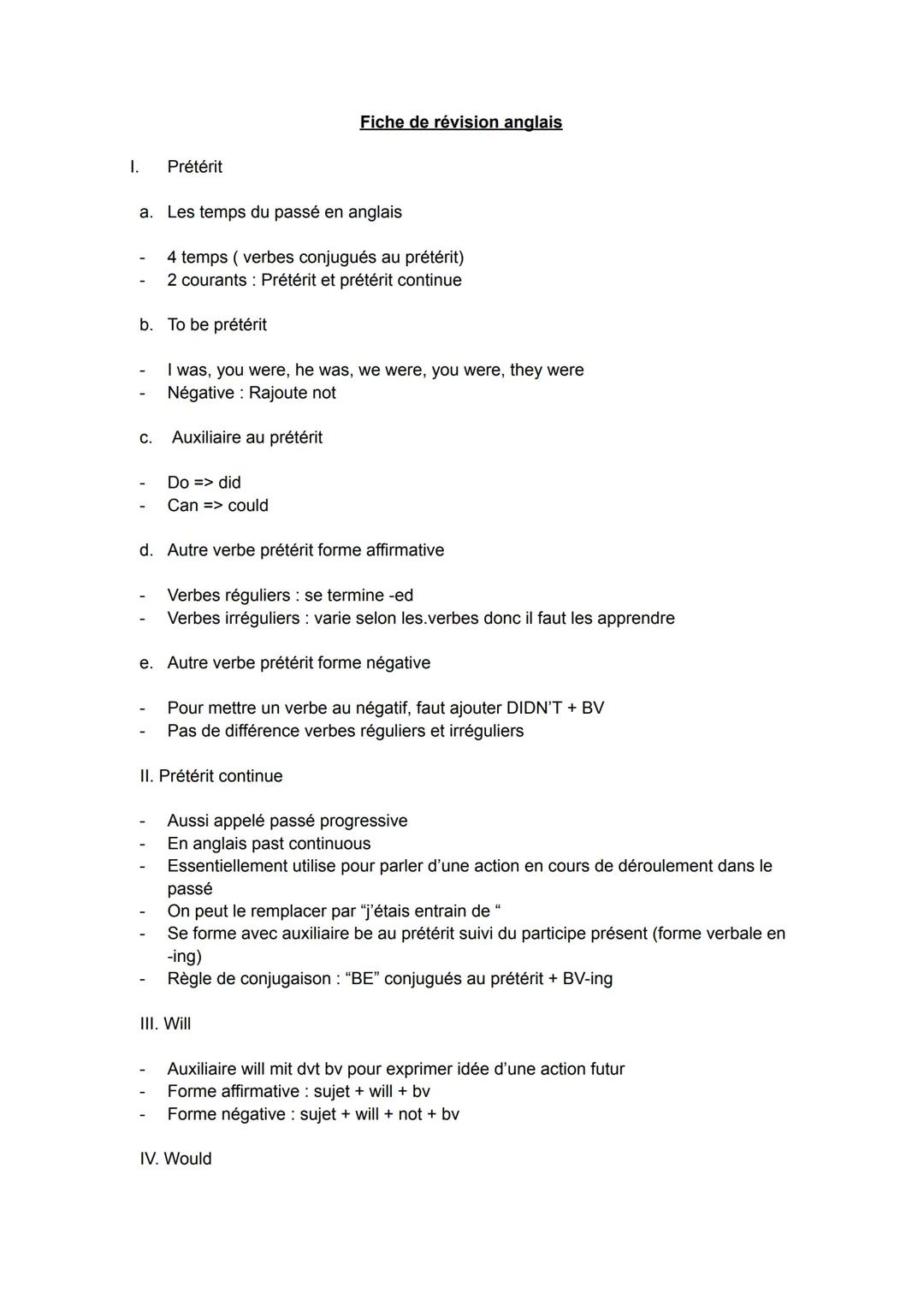 Règle : Prétérit, Prétérit continue, Will, Would, Could & Should